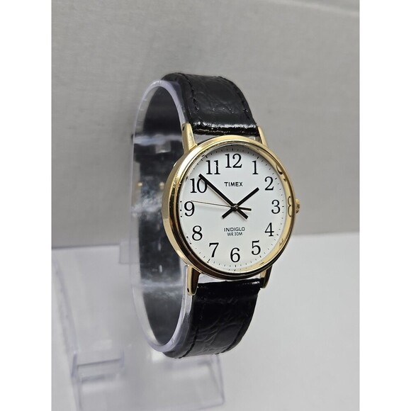 Timex Easy Reader Indiglo Gold Tone 35mm Quartz Watch Black New Battery WR 30M - Picture 3 of 13